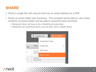 SHARE
§  Share a single file with anyone that has an email address as a PDF

§  Share an entire folder with someone. The...