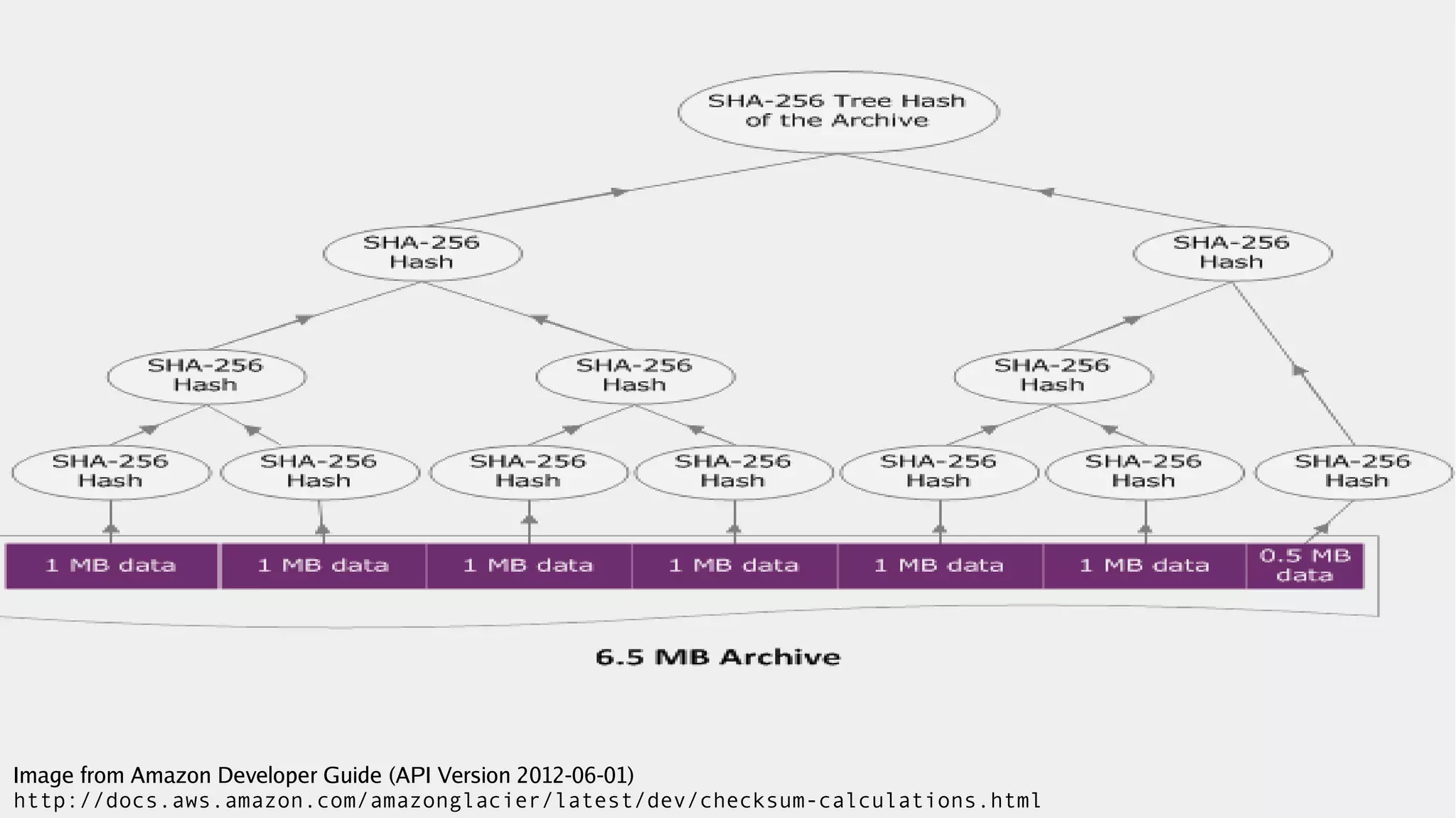 Image from Amazon Developer Guide (API Version 2012-06-01)
http://docs.aws.amazon.com/amazonglacier/latest/dev/checksum-calculations.html
 