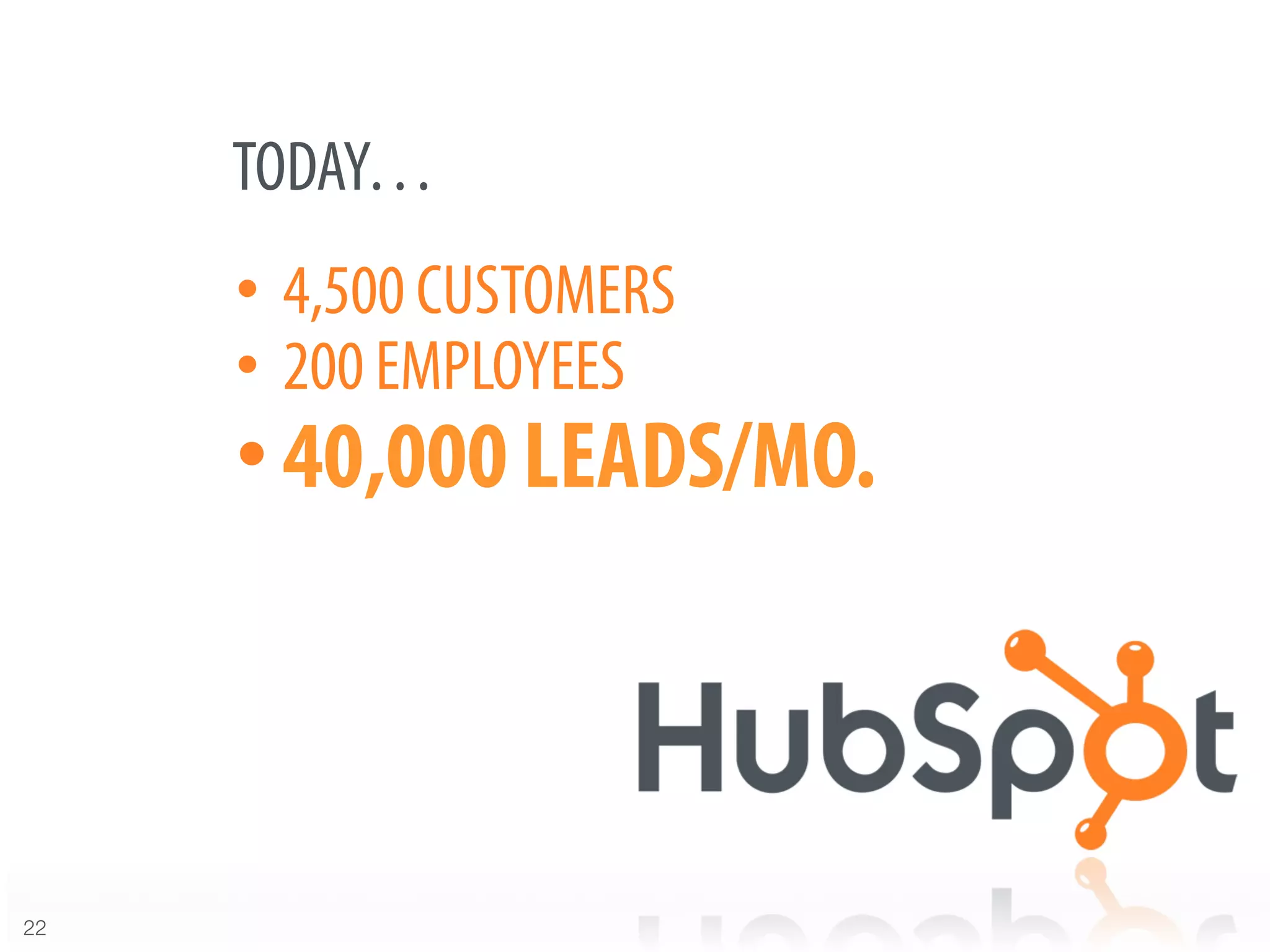 TODAY…
      •  4,500 CUSTOMERS
      •  200 EMPLOYEES
      • 40,000 LEADS/MO.
      



22
 