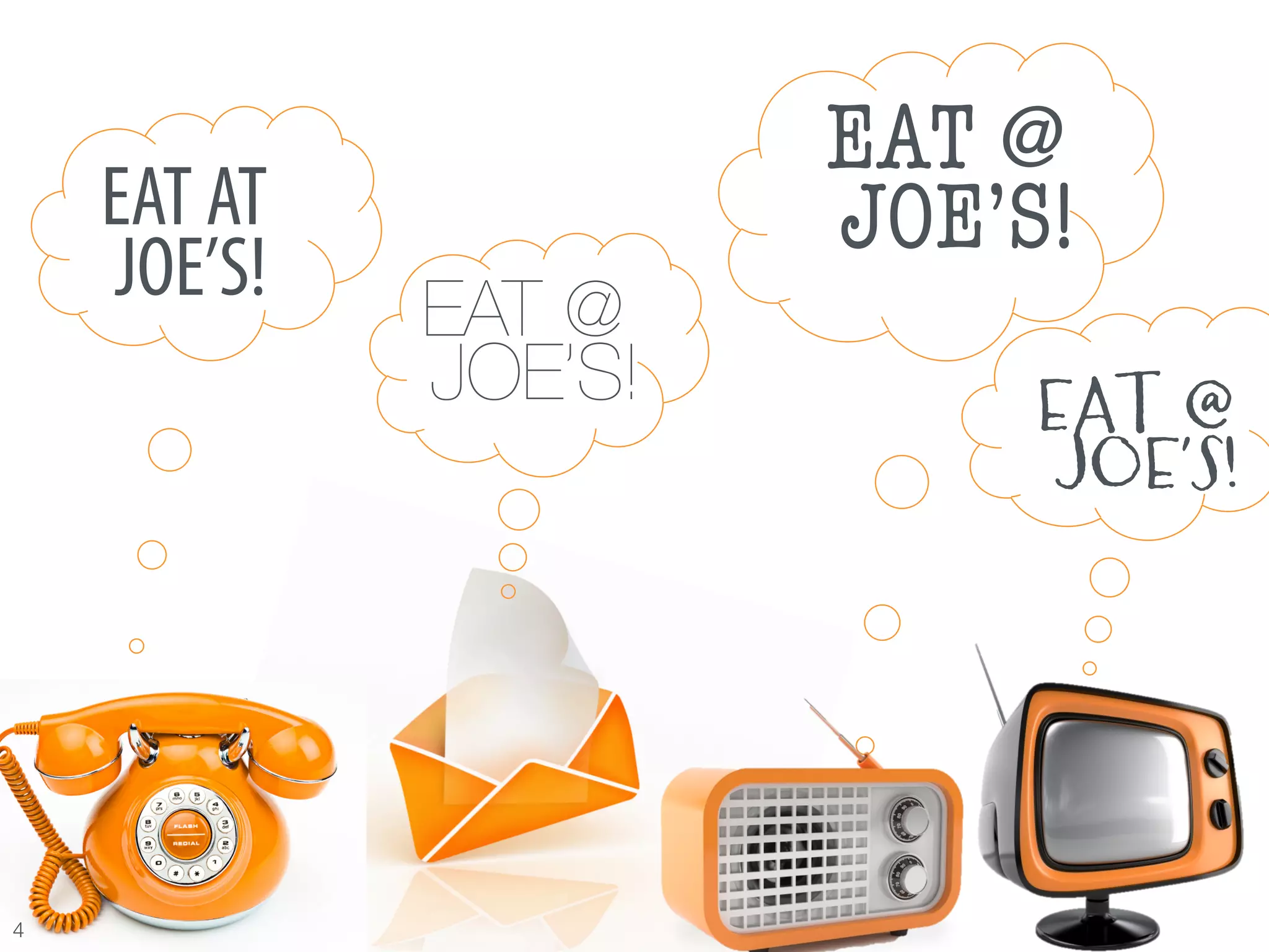 EAT @
     EAT AT            JOE’S!
                            
     JOE’S!   EAT @
              JOE’S!
                   
        EAT @
                            JOE’S!




4
 