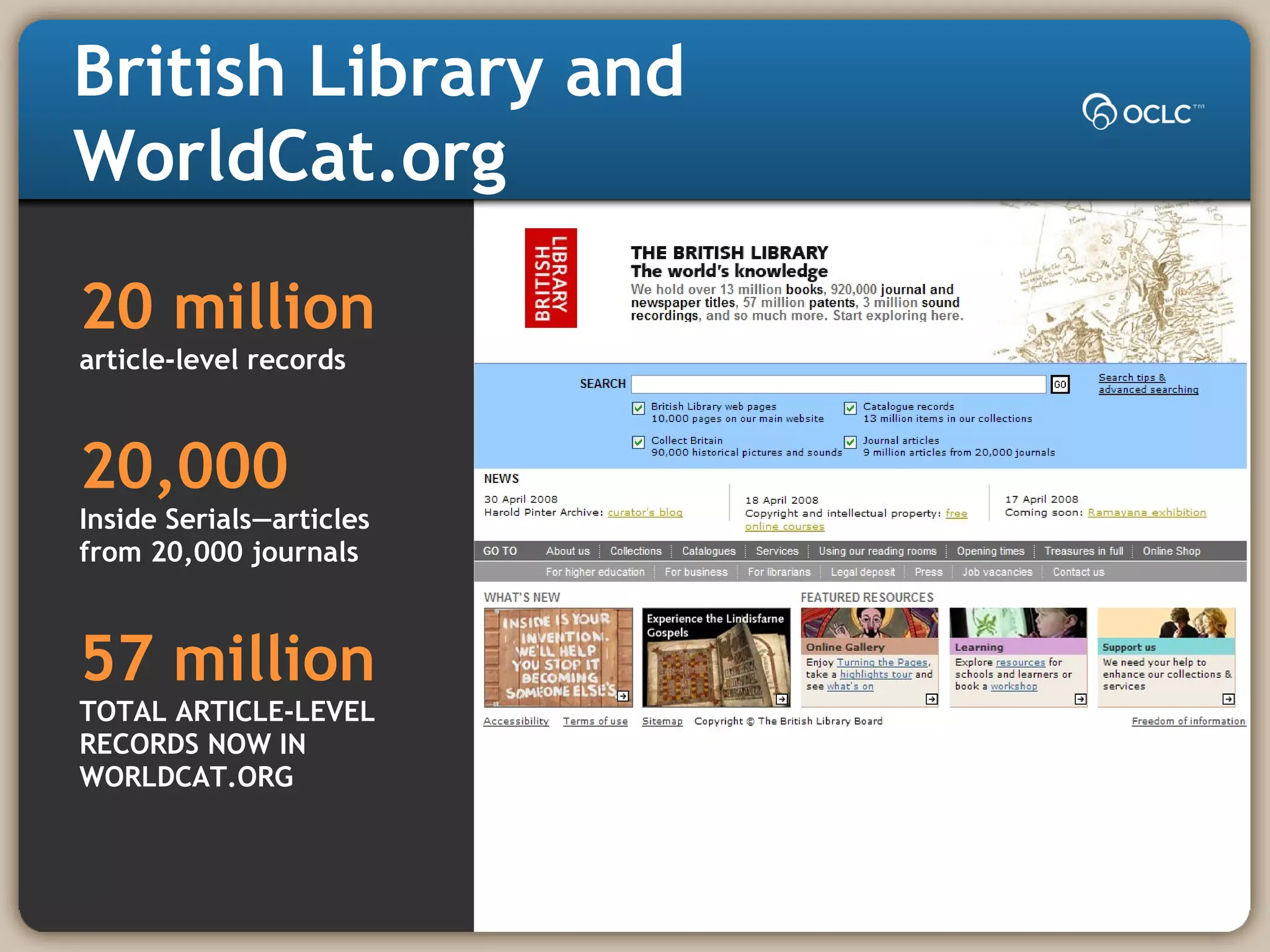 20 million
article-level records
20,000
Inside Serials—articles
from 20,000 journals
57 million
TOTAL ARTICLE-LEVEL
RECORDS NOW IN
WORLDCAT.ORG
British Library and
WorldCat.org
 