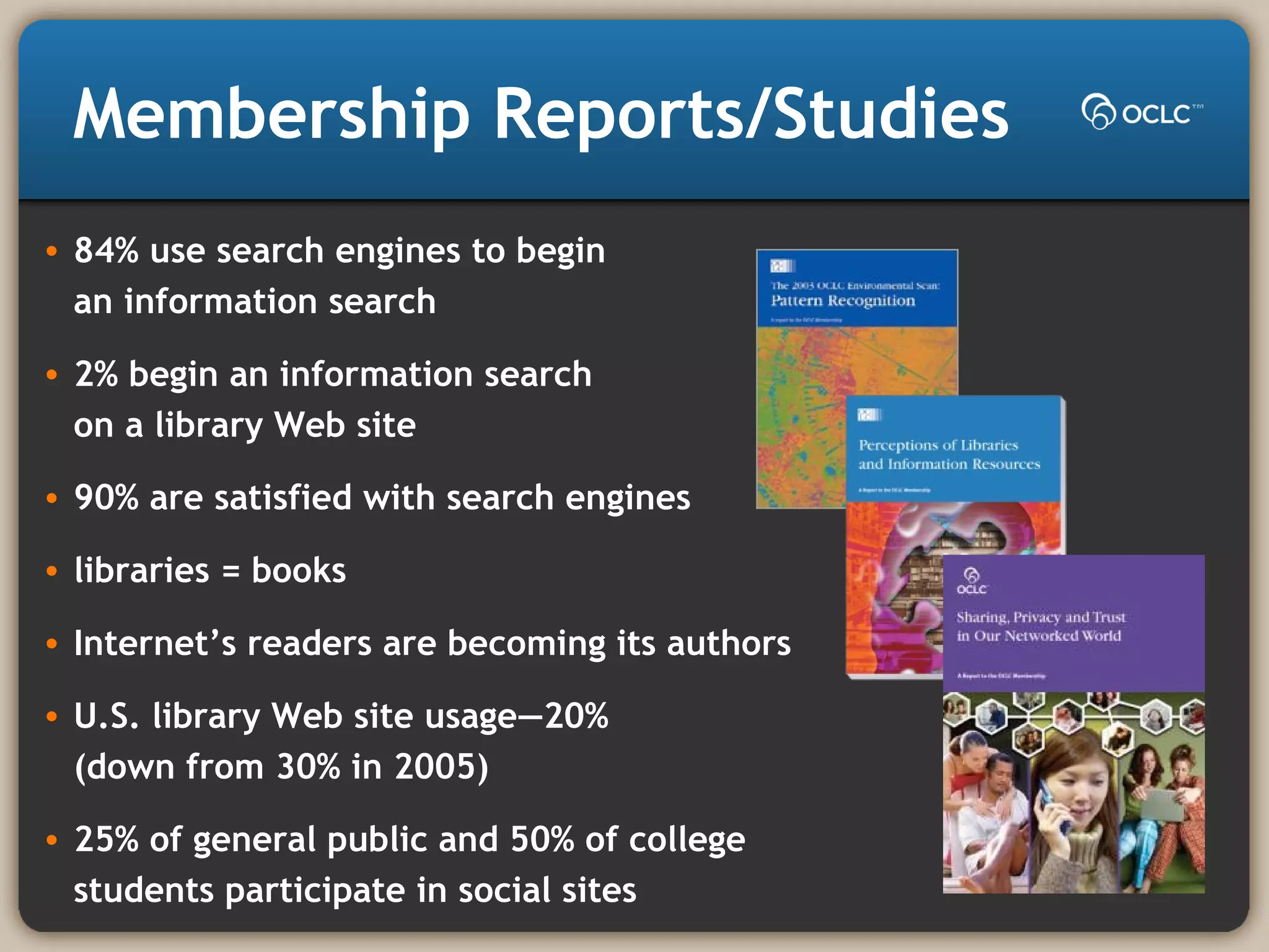 Membership Reports/Studies
• 84% use search engines to begin
an information search
• 2% begin an information search
on a library Web site
• 90% are satisfied with search engines
• libraries = books
• Internet’s readers are becoming its authors
• U.S. library Web site usage—20%
(down from 30% in 2005)
• 25% of general public and 50% of college
students participate in social sites
 