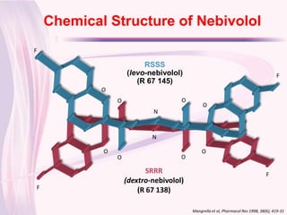 Chemical Structure of Nebivolol
Click to edit Master title style
F

                         RSSS
                    (levo-nebivolol)                                                  F
                       (R 67 145)
            O
                O                    O
                                              O
                            N



                            N

            O                                 O
                O                    O

                           SRRR                                                  F
                    (dextro-nebivolol)
F                       (R 67 138)

                                         Mangrella et al, Pharmacol Res 1998, 38(6); 419-31
 