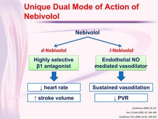 Unique Dual Mode of Action of
Click to edit Master title style
 Nebivolol
                       Nebivolol

      d-Nebivolol                  l-Nebivolol
    Highly selective            Endothelial NO
     β1 antagonist            mediated vasodilator



      ↓ heart rate           Sustained vasodilation
    ↑ stroke volume                  ↓ PVR
                                                    Cardiovasc 2008; 26:115
                                              Am J Cardio 2003; 92: 344-348
                                       Cardiovasc Ther 2008; 26 (3): 189-202
 