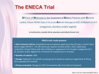 The ENECA Trial
Click to edit Master title style
          Efficacy of Nebivolol in the Treatment of Elderly Patients with Chronic
       cardiac failure NYHA Class II-IV as an Add-on therapy to ACE-inhibitors or A-II
                               antagonists, diuretics and/or digitalis

                  A multicentre, double-blind, placebo-controlled clinical trial



                                 ENECA trial: study protocol
 • Main inclusion criteria: Hospitalised and out-patients aged more than 65 years, chronic heart
 failure stages (NYHA II – IV), left ventricular ejection fraction (LVEF) ≤ 35%, stable basic
 medication of heart failure with ACE-inhibitors or angiotensin II A1-receptor antagonists (A-II
 A), diuretics and/or digitalis for a minimum of 2 weeks prior to inclusion
 • Number of subjects =260
 • Dosage: Nebivolol 1.25 mg OD, increasing over 8 weeks to maximum target dose of 10 mg
 OD or placebo for 8 months
 • Primary end point: Change on LVEF from baseline after 8 months of treatment


                                                                       Edes I, et al. Eur J Heart Fail 2005;7:631-9.
 