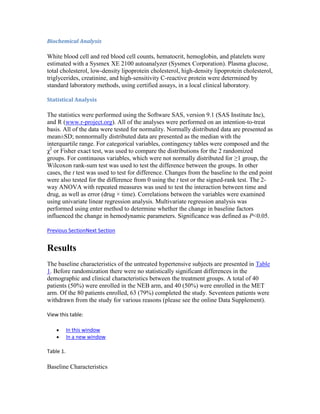 Biochemical Analysis
White blood cell and red blood cell counts, hematocrit, hemoglobin, and platelets were
estimated with a Sysmex XE 2100 autoanalyzer (Sysmex Corporation). Plasma glucose,
total cholesterol, low-density lipoprotein cholesterol, high-density lipoprotein cholesterol,
triglycerides, creatinine, and high-sensitivity C-reactive protein were determined by
standard laboratory methods, using certified assays, in a local clinical laboratory.
Statistical Analysis
The statistics were performed using the Software SAS, version 9.1 (SAS Institute Inc),
and R (www.r-project.org). All of the analyses were performed on an intention-to-treat
basis. All of the data were tested for normality. Normally distributed data are presented as
mean±SD; nonnormally distributed data are presented as the median with the
interquartile range. For categorical variables, contingency tables were composed and the
χ2
or Fisher exact test, was used to compare the distributions for the 2 randomized
groups. For continuous variables, which were not normally distributed for ≥1 group, the
Wilcoxon rank-sum test was used to test the difference between the groups. In other
cases, the t test was used to test for difference. Changes from the baseline to the end point
were also tested for the difference from 0 using the t test or the signed-rank test. The 2-
way ANOVA with repeated measures was used to test the interaction between time and
drug, as well as error (drug × time). Correlations between the variables were examined
using univariate linear regression analysis. Multivariate regression analysis was
performed using enter method to determine whether the change in baseline factors
influenced the change in hemodynamic parameters. Significance was defined as P<0.05.
Previous SectionNext Section
Results
The baseline characteristics of the untreated hypertensive subjects are presented in Table
1. Before randomization there were no statistically significant differences in the
demographic and clinical characteristics between the treatment groups. A total of 40
patients (50%) were enrolled in the NEB arm, and 40 (50%) were enrolled in the MET
arm. Of the 80 patients enrolled, 63 (79%) completed the study. Seventeen patients were
withdrawn from the study for various reasons (please see the online Data Supplement).
View this table:
In this window
In a new window
Table 1.
Baseline Characteristics
 