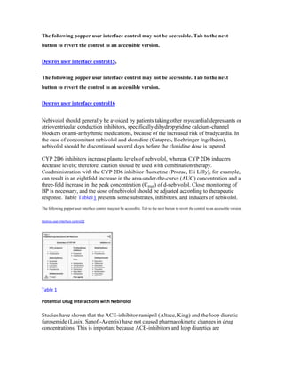 The following popper user interface control may not be accessible. Tab to the next
button to revert the control to an accessible version.
Destroy user interface control15,
The following popper user interface control may not be accessible. Tab to the next
button to revert the control to an accessible version.
Destroy user interface control16
Nebivolol should generally be avoided by patients taking other myocardial depressants or
atrioventricular conduction inhibitors, specifically dihydropyridine calcium-channel
blockers or anti-arrhythmic medications, because of the increased risk of bradycardia. In
the case of concomitant nebivolol and clonidine (Catapres, Boehringer Ingelheim),
nebivolol should be discontinued several days before the clonidine dose is tapered.
CYP 2D6 inhibitors increase plasma levels of nebivolol, whereas CYP 2D6 inducers
decrease levels; therefore, caution should be used with combination therapy.
Coadministration with the CYP 2D6 inhibitor fluoxetine (Prozac, Eli Lilly), for example,
can result in an eightfold increase in the area-under-the-curve (AUC) concentration and a
three-fold increase in the peak concentration (Cmax) of d-nebivolol. Close monitoring of
BP is necessary, and the dose of nebivolol should be adjusted according to therapeutic
response. Table Table11 presents some substrates, inhibitors, and inducers of nebivolol.
The following popper user interface control may not be accessible. Tab to the next button to revert the control to an accessible version.
Destroy user interface control22
Table 1
Potential Drug Interactions with Nebivolol
Studies have shown that the ACE-inhibitor ramipril (Altace, King) and the loop diuretic
furosemide (Lasix, Sanofi-Aventis) have not caused pharmacokinetic changes in drug
concentrations. This is important because ACE-inhibitors and loop diuretics are
 