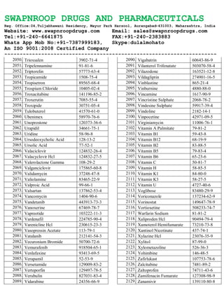 SWAPNROOP DRUGS AND PHARMACEUTICALS
Reg. Office:04,Tuljabhawani Residency, Mayur Park Harsool, Aurangabad-431003, Maharashtra, India
Website: www.swapnroopdrugs.com Email: sales@swapnroopdrugs.com
Tel:+91-240-6641875 FAX:+91-240-2383883
Whats App Mob No:+91-7387999183, Skype:dulalmohato
An ISO 9001:2008 Certified Company
---------------------------------------------------------------------
2050. Trioxsalen 3902-71-4
2051. Tripelennamine 91-81-6
2052. Triptorelin 57773-63-4
2053. Tropicamide 1508-75-4
2054. Tropisetron 89565-68-4
2055. Trospium Chloride 10405-02-4
2056. Troxacitabine 141196-85-2
2057. Troxerutin 7085-55-4
2058. Troxipide 30751-05-4
2059. Tulobuterol 41570-61-0
2060. Ubenimex 58970-76-6
2061. Unoprostone 120373-36-6
2062. Urapidil 34661-75-1
2063. Uridine 58-96-8
2064. Ursodeoxycholic Acid 128-13-2
2065. Ursolic Acid 77-52-1
2066. Valaciclovir 124832-26-4
2067. Valacyclovir Hcl 124832-27-5
2068. Valerolactone Gamma 108-29-2
2069. Valganciclovir 175865-60-8
2070. Validamycin 37248-47-8
2071. Valiolamine 83465-22-9
2072. Valproic Acid 99-66-1
2073. Valsartan 137862-53-4
2074. Vancomycin 1404-90-6
2075. Vandetanib 443913-73-3
2076. Vanoxerine 67469-78-7
2077. Vapreotide 103222-11-3
2078. Vardenafil 224785-90-4
2079. Varenicline Hcl 230615-23-3
2080. Vasopressin Acetate 113-79-1
2081. Vatalanib 212141-54-3
2082. Vecuronium Bromide 50700-72-6
2083. Vemurafenib 918504-65-1
2084. Venlafaxine 93413-69-5
2085. Verapamil 52-53-9
2086. Versetamide 129009-83-2
2087. Verteporfin 129497-78-5
2088. Verubulin 827031-83-4
2089. Vidarabine 24356-66-9
2090. Vigabatrin 60643-86-9
2091. Vilanterol Trifenatate 503070-58-4
2092. Vilazodone 163521-12-8
2093. Vildagliptin 274901-16-5
2094. Vinblastine 865-21-4
2095. Vinburnine 4880-88-0
2096. Vincamine 1617-90-9
2097. Vincristine Sulphate 2068-78-2
2098. Vindesine Sulphate 59917-39-4
2099. Vindoline 2182-14-1
2100. Vinpocetine 42971-09-5
2101. Virginiamycin 11006-76-1
2102. Vitamin A Palmitate 79-81-2
2103. Vitamin B1 59-43-8
2104. Vitamin B12 68-19-9
2105. Vitamin B2 83-88-5
2106. Vitamin B5 79-83-4
2107. Vitamin B6 65-23-6
2108. Vitamin C 50-81-7
2109. Vitamin H 58-85-5
2110. Vitamin K1 84-80-0
2111. Vitamin K3 58-27-5
2112. Vitamin U 4727-40-6
2113. Voglibose 83480-29-9
2114. Voriconazole 137234-62-9
2115. Vorinostat 149647-78-9
2116. Vortioxetine 508233-74-7
2117. Warfarin Sodium 81-81-2
2118. Xaliproden Hcl 90494-79-4
2119. Xamoterol Hemifumarate 73210-73-8
2120. Xantinol Nicotinate 437-74-1
2121. Xylazine Hcl 23076-35-9
2122. Xylitol 87-99-0
2123. Xylometazoline 526-36-3
2124. Yohimbine 146-48-5
2125. Zafirlukast 107753-78-6
2126. Zalcitabine 7481-89-2
2127. Zaltoprofen 74711-43-6
2128. Zamifenacin Fumarate 127308-98-9
2129. Zanamivir 139110-80-8
 