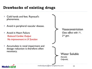 Cold hands and feet. Raynaud’s phenomena.  Avoid in peripheral vascular disease.  Avoid in Heart Failure Reduced Cardiac Output No improvement in LV function Accumulate in renal impairment and dosage reduction is therefore often necessary. [email_address] Vasoconstriction Class effect with 1 st ,  2 nd  gen. Water Soluble Atenolol,  Celiprolol,   Drawbacks of existing drugs   