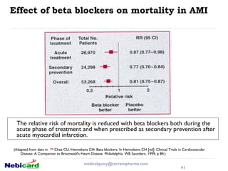 The relative risk of mortality is reduced with beta blockers both during the acute phase of treatment and when prescribed as secondary prevention after acute myocardial infarction.  Effect of beta blockers on mortality in AMI [email_address] (Adapted from data in   208  Chae CU, Hennekens CH: Beta blockers. In Hennekens CH [ed]: Clinical Trials in Cardiovascular Disease: A Companion to Braunwald's Heart Disease. Philadelphia, WB Saunders, 1999, p 84.)   