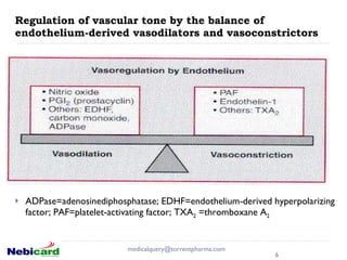 Regulation of vascular tone by the balance of endothelium-derived vasodilators and vasoconstrictors ADPase=adenosinediphosphatase; EDHF=endothelium-derived hyperpolarizing factor; PAF=platelet-activating factor; TXA 2  =thromboxane A 2 [email_address] 