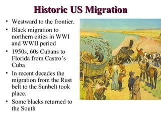 Historic US MigrationHistoric US Migration
• Westward to the frontier.
• Black migration to
northern cities in WWI
and WWII period
• 1950s, 60s Cubans to
Florida from Castro’s
Cuba
• In recent decades the
migration from the Rust
belt to the Sunbelt took
place.
• Some blacks returned to
the South
 