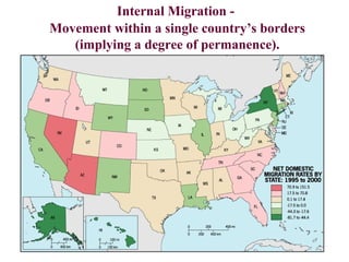 Internal Migration -
Movement within a single country’s borders
(implying a degree of permanence).
 