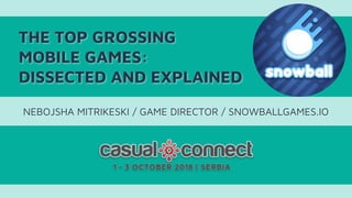 THE TOP GROSSING
MOBILE GAMES:
DISSECTED AND EXPLAINED
NEBOJSHA MITRIKESKI / GAME DIRECTOR / SNOWBALLGAMES.IO
 
