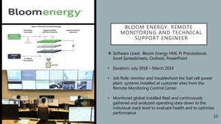 BLOOM ENERGY: REMOTE
MONITORING AND TECHNICAL
SUPPORT ENGINEER
 Software Used: Bloom Energy HMI, Pi Processbook,
Excel Spreadsheets, Outlook, PowerPoint
• Duration: July 2018 – March 2019
• Job Role: monitor and troubleshoot the fuel cell power
plant systems installed at customer sites from the
Remote Monitoring Control Center
• Monitored global installed fleet and continuously
gathered and analyzed operating data down to the
individual stack level to evaluate health and to optimize
performance
15
 