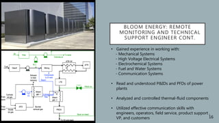 BLOOM ENERGY: REMOTE
MONITORING AND TECHNICAL
SUPPORT ENGINEER CONT.
• Gained experience in working with:
- Mechanical Systems
- High Voltage Electrical Systems
- Electrochemical Systems
- Fuel and Water Systems
- Communication Systems
• Read and understood P&IDs and PFDs of power
plants
• Analyzed and controlled thermal-fluid components
• Utilized effective communication skills with
engineers, operators, field service, product support ,
VP, and customers 16
 