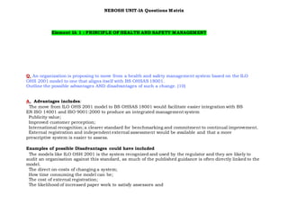 NEBOSH UNIT-IA Questions Matrix
Element IA 1 : PRINCIPLE OF HEALTH AND SAFETY MANAGEMENT
Q. An organization is proposing to move from a health and safety management system based on the ILO
OHS 2001 model to one that aligns itself with BS OHSAS 18001.
Outline the possible advantages AND disadvantages of such a change. (10)
A. Advantages includes:
The move from ILO OHS 2001 model to BS OHSAS 18001 would facilitate easier integration with BS
EN ISO 14001 and ISO 9001:2000 to produce an integrated management system
Publicity value;
Improved customer perception;
International recognition; a clearer standard for benchmarking and commitment to continual improvement.
External registration and independent external assessment would be available and that a more
prescriptive system is easier to assess.
Examples of possible Disadvantages could have included
The models like ILO OSH 2001 is the system recognized and used by the regulator and they are likely to
audit an organisation against this standard, as much of the published guidance is often directly linked to the
model.
The direct on-costs of changing a system;
How time consuming the model can be;
The cost of external registration;
The likelihood of increased paper work to satisfy assessors and
 