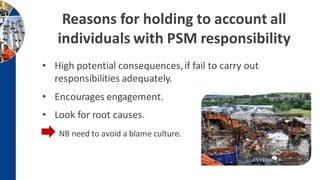 Reasons for holding to account all
individuals with PSM responsibility
• High potential consequences,if fail to carry out
responsibilities adequately.
• Encourages engagement.
• Look for root causes.
NB need to avoid a blame culture.
 