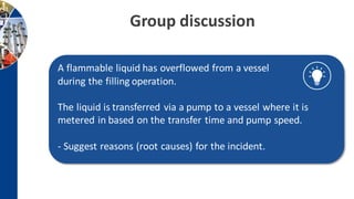 A flammable liquid has overflowed from a vessel
during the filling operation.
The liquid is transferred via a pump to a vessel where it is
metered in based on the transfer time and pump speed.
- Suggest reasons (root causes) for the incident.
Group discussion
 