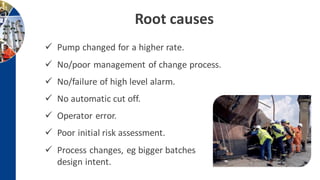 Root causes
 Pump changed for a higher rate.
 No/poor management of change process.
 No/failure of high level alarm.
 No automatic cut off.
 Operator error.
 Poor initial risk assessment.
 Process changes, eg bigger batches than
design intent.
 
