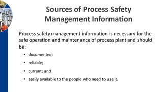 Sources of Process Safety
Management Information
Process safety management information is necessary for the
safe operation and maintenance of process plant and should
be:
• documented;
• reliable;
• current; and
• easily available to the people who need to use it.
 