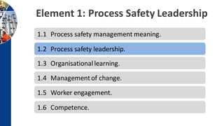 Element 1: Process Safety Leadership
1.1 Process safety management meaning.
1.2 Process safety leadership.
1.3 Organisational learning.
1.4 Managementof change.
1.6 Competence.
1.5 Worker engagement.
 