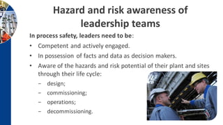 Hazard and risk awareness of
leadership teams
In process safety, leaders need to be:
• Competent and actively engaged.
• In possession of facts and data as decision makers.
• Aware of the hazards and risk potential of their plant and sites
through their life cycle:
− design;
− commissioning;
− operations;
− decommissioning.
 