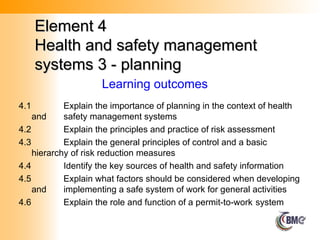 Element 4
Element 4
Health and safety management
Health and safety management
systems 3 - planning
systems 3 - planning
4.1 Explain the importance of planning in the context of health
and safety management systems
4.2 Explain the principles and practice of risk assessment
4.3 Explain the general principles of control and a basic
hierarchy of risk reduction measures
4.4 Identify the key sources of health and safety information
4.5 Explain what factors should be considered when developing
and implementing a safe system of work for general activities
4.6 Explain the role and function of a permit-to-work system
Learning outcomes
 