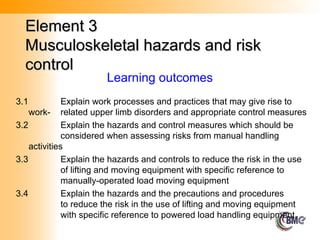 Element 3
Element 3
Musculoskeletal hazards and risk
Musculoskeletal hazards and risk
control
control
Learning outcomes
3.1 Explain work processes and practices that may give rise to
work- related upper limb disorders and appropriate control measures
3.2 Explain the hazards and control measures which should be
considered when assessing risks from manual handling
activities
3.3 Explain the hazards and controls to reduce the risk in the use
of lifting and moving equipment with specific reference to
manually-operated load moving equipment
3.4 Explain the hazards and the precautions and procedures
to reduce the risk in the use of lifting and moving equipment
with specific reference to powered load handling equipment
 