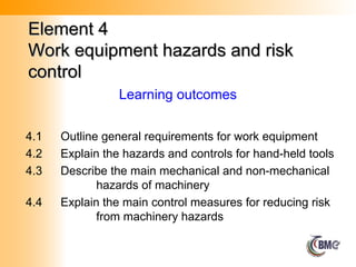 Element 4
Element 4
Work equipment hazards and risk
Work equipment hazards and risk
control
control
Learning outcomes
4.1 Outline general requirements for work equipment
4.2 Explain the hazards and controls for hand-held tools
4.3 Describe the main mechanical and non-mechanical
hazards of machinery
4.4 Explain the main control measures for reducing risk
from machinery hazards
 