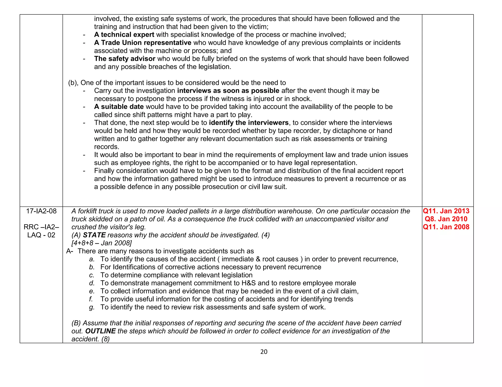 20
involved, the existing safe systems of work, the procedures that should have been followed and the
training and instruction that had been given to the victim;
- A technical expert with specialist knowledge of the process or machine involved;
- A Trade Union representative who would have knowledge of any previous complaints or incidents
associated with the machine or process; and
- The safety advisor who would be fully briefed on the systems of work that should have been followed
and any possible breaches of the legislation.
(b), One of the important issues to be considered would be the need to
- Carry out the investigation interviews as soon as possible after the event though it may be
necessary to postpone the process if the witness is injured or in shock.
- A suitable date would have to be provided taking into account the availability of the people to be
called since shift patterns might have a part to play.
- That done, the next step would be to identify the interviewers, to consider where the interviews
would be held and how they would be recorded whether by tape recorder, by dictaphone or hand
written and to gather together any relevant documentation such as risk assessments or training
records.
- It would also be important to bear in mind the requirements of employment law and trade union issues
such as employee rights, the right to be accompanied or to have legal representation.
- Finally consideration would have to be given to the format and distribution of the final accident report
and how the information gathered might be used to introduce measures to prevent a recurrence or as
a possible defence in any possible prosecution or civil law suit.
17-IA2-08
RRC –IA2–
LAQ - 02
A forklift truck is used to move loaded pallets in a large distribution warehouse. On one particular occasion the
truck skidded on a patch of oil. As a consequence the truck collided with an unaccompanied visitor and
crushed the visitor's leg.
(A) STATE reasons why the accident should be investigated. (4)
[4+8+8 – Jan 2008]
A- There are many reasons to investigate accidents such as
a. To identify the causes of the accident ( immediate & root causes ) in order to prevent recurrence,
b. For Identifications of corrective actions necessary to prevent recurrence
c. To determine compliance with relevant legislation
d. To demonstrate management commitment to H&S and to restore employee morale
e. To collect information and evidence that may be needed in the event of a civil claim,
f. To provide useful information for the costing of accidents and for identifying trends
g. To identify the need to review risk assessments and safe system of work.
(B) Assume that the initial responses of reporting and securing the scene of the accident have been carried
out. OUTLINE the steps which should be followed in order to collect evidence for an investigation of the
accident. (8)
Q11. Jan 2013
Q8. Jan 2010
Q11. Jan 2008
 