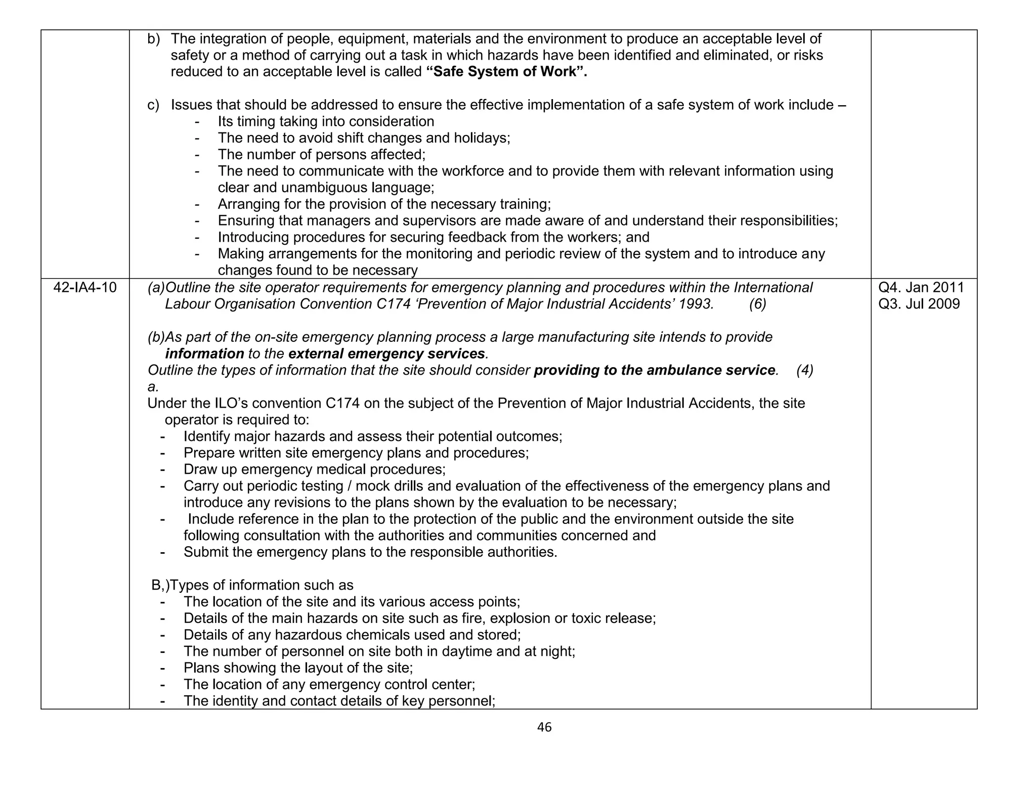 46
b) The integration of people, equipment, materials and the environment to produce an acceptable level of
safety or a method of carrying out a task in which hazards have been identified and eliminated, or risks
reduced to an acceptable level is called “Safe System of Work”.
c) Issues that should be addressed to ensure the effective implementation of a safe system of work include –
- Its timing taking into consideration
- The need to avoid shift changes and holidays;
- The number of persons affected;
- The need to communicate with the workforce and to provide them with relevant information using
clear and unambiguous language;
- Arranging for the provision of the necessary training;
- Ensuring that managers and supervisors are made aware of and understand their responsibilities;
- Introducing procedures for securing feedback from the workers; and
- Making arrangements for the monitoring and periodic review of the system and to introduce any
changes found to be necessary
42-IA4-10 (a)Outline the site operator requirements for emergency planning and procedures within the International
Labour Organisation Convention C174 ‘Prevention of Major Industrial Accidents’ 1993. (6)
(b)As part of the on-site emergency planning process a large manufacturing site intends to provide
information to the external emergency services.
Outline the types of information that the site should consider providing to the ambulance service. (4)
a.
Under the ILO’s convention C174 on the subject of the Prevention of Major Industrial Accidents, the site
operator is required to:
- Identify major hazards and assess their potential outcomes;
- Prepare written site emergency plans and procedures;
- Draw up emergency medical procedures;
- Carry out periodic testing / mock drills and evaluation of the effectiveness of the emergency plans and
introduce any revisions to the plans shown by the evaluation to be necessary;
- Include reference in the plan to the protection of the public and the environment outside the site
following consultation with the authorities and communities concerned and
- Submit the emergency plans to the responsible authorities.
B,)Types of information such as
- The location of the site and its various access points;
- Details of the main hazards on site such as fire, explosion or toxic release;
- Details of any hazardous chemicals used and stored;
- The number of personnel on site both in daytime and at night;
- Plans showing the layout of the site;
- The location of any emergency control center;
- The identity and contact details of key personnel;
Q4. Jan 2011
Q3. Jul 2009
 