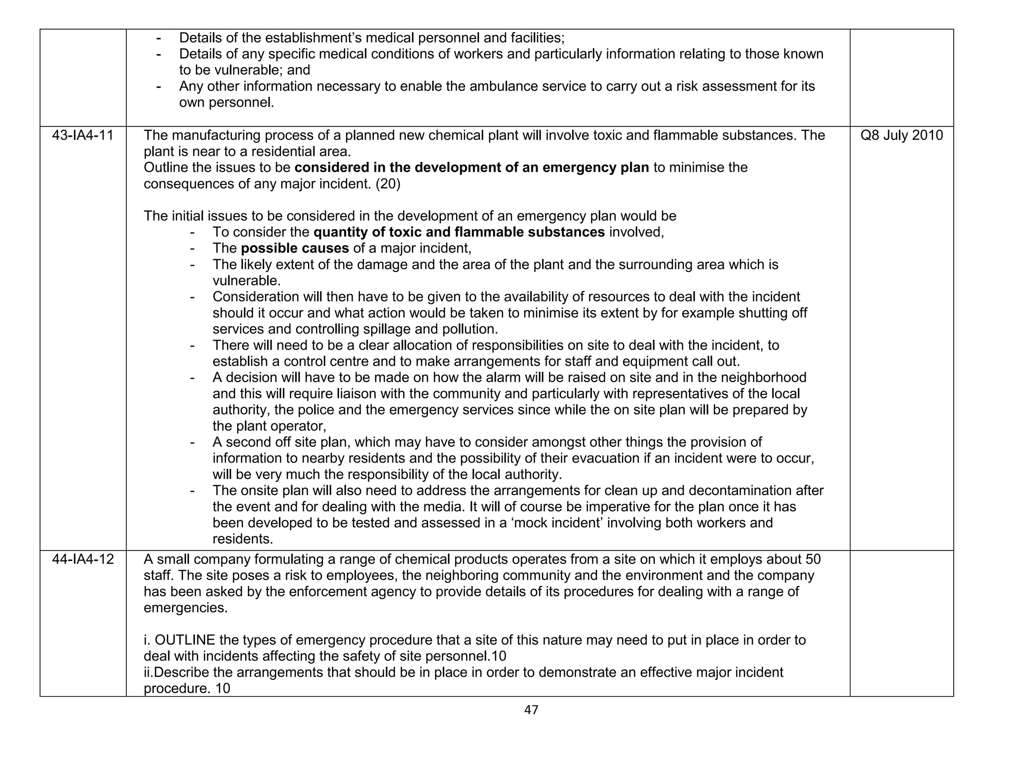 47
- Details of the establishment’s medical personnel and facilities;
- Details of any specific medical conditions of workers and particularly information relating to those known
to be vulnerable; and
- Any other information necessary to enable the ambulance service to carry out a risk assessment for its
own personnel.
43-IA4-11 The manufacturing process of a planned new chemical plant will involve toxic and flammable substances. The
plant is near to a residential area.
Outline the issues to be considered in the development of an emergency plan to minimise the
consequences of any major incident. (20)
The initial issues to be considered in the development of an emergency plan would be
- To consider the quantity of toxic and flammable substances involved,
- The possible causes of a major incident,
- The likely extent of the damage and the area of the plant and the surrounding area which is
vulnerable.
- Consideration will then have to be given to the availability of resources to deal with the incident
should it occur and what action would be taken to minimise its extent by for example shutting off
services and controlling spillage and pollution.
- There will need to be a clear allocation of responsibilities on site to deal with the incident, to
establish a control centre and to make arrangements for staff and equipment call out.
- A decision will have to be made on how the alarm will be raised on site and in the neighborhood
and this will require liaison with the community and particularly with representatives of the local
authority, the police and the emergency services since while the on site plan will be prepared by
the plant operator,
- A second off site plan, which may have to consider amongst other things the provision of
information to nearby residents and the possibility of their evacuation if an incident were to occur,
will be very much the responsibility of the local authority.
- The onsite plan will also need to address the arrangements for clean up and decontamination after
the event and for dealing with the media. It will of course be imperative for the plan once it has
been developed to be tested and assessed in a ‘mock incident’ involving both workers and
residents.
Q8 July 2010
44-IA4-12 A small company formulating a range of chemical products operates from a site on which it employs about 50
staff. The site poses a risk to employees, the neighboring community and the environment and the company
has been asked by the enforcement agency to provide details of its procedures for dealing with a range of
emergencies.
i. OUTLINE the types of emergency procedure that a site of this nature may need to put in place in order to
deal with incidents affecting the safety of site personnel.10
ii.Describe the arrangements that should be in place in order to demonstrate an effective major incident
procedure. 10
 