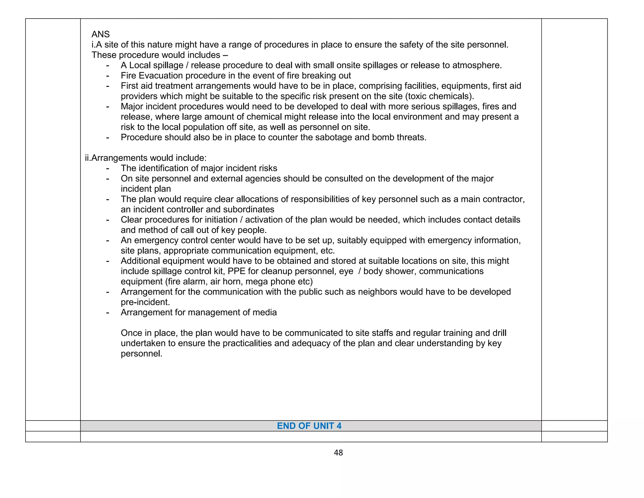 48
ANS
i.A site of this nature might have a range of procedures in place to ensure the safety of the site personnel.
These procedure would includes –
- A Local spillage / release procedure to deal with small onsite spillages or release to atmosphere.
- Fire Evacuation procedure in the event of fire breaking out
- First aid treatment arrangements would have to be in place, comprising facilities, equipments, first aid
providers which might be suitable to the specific risk present on the site (toxic chemicals).
- Major incident procedures would need to be developed to deal with more serious spillages, fires and
release, where large amount of chemical might release into the local environment and may present a
risk to the local population off site, as well as personnel on site.
- Procedure should also be in place to counter the sabotage and bomb threats.
ii.Arrangements would include:
- The identification of major incident risks
- On site personnel and external agencies should be consulted on the development of the major
incident plan
- The plan would require clear allocations of responsibilities of key personnel such as a main contractor,
an incident controller and subordinates
- Clear procedures for initiation / activation of the plan would be needed, which includes contact details
and method of call out of key people.
- An emergency control center would have to be set up, suitably equipped with emergency information,
site plans, appropriate communication equipment, etc.
- Additional equipment would have to be obtained and stored at suitable locations on site, this might
include spillage control kit, PPE for cleanup personnel, eye / body shower, communications
equipment (fire alarm, air horn, mega phone etc)
- Arrangement for the communication with the public such as neighbors would have to be developed
pre-incident.
- Arrangement for management of media
Once in place, the plan would have to be communicated to site staffs and regular training and drill
undertaken to ensure the practicalities and adequacy of the plan and clear understanding by key
personnel.
END OF UNIT 4
 