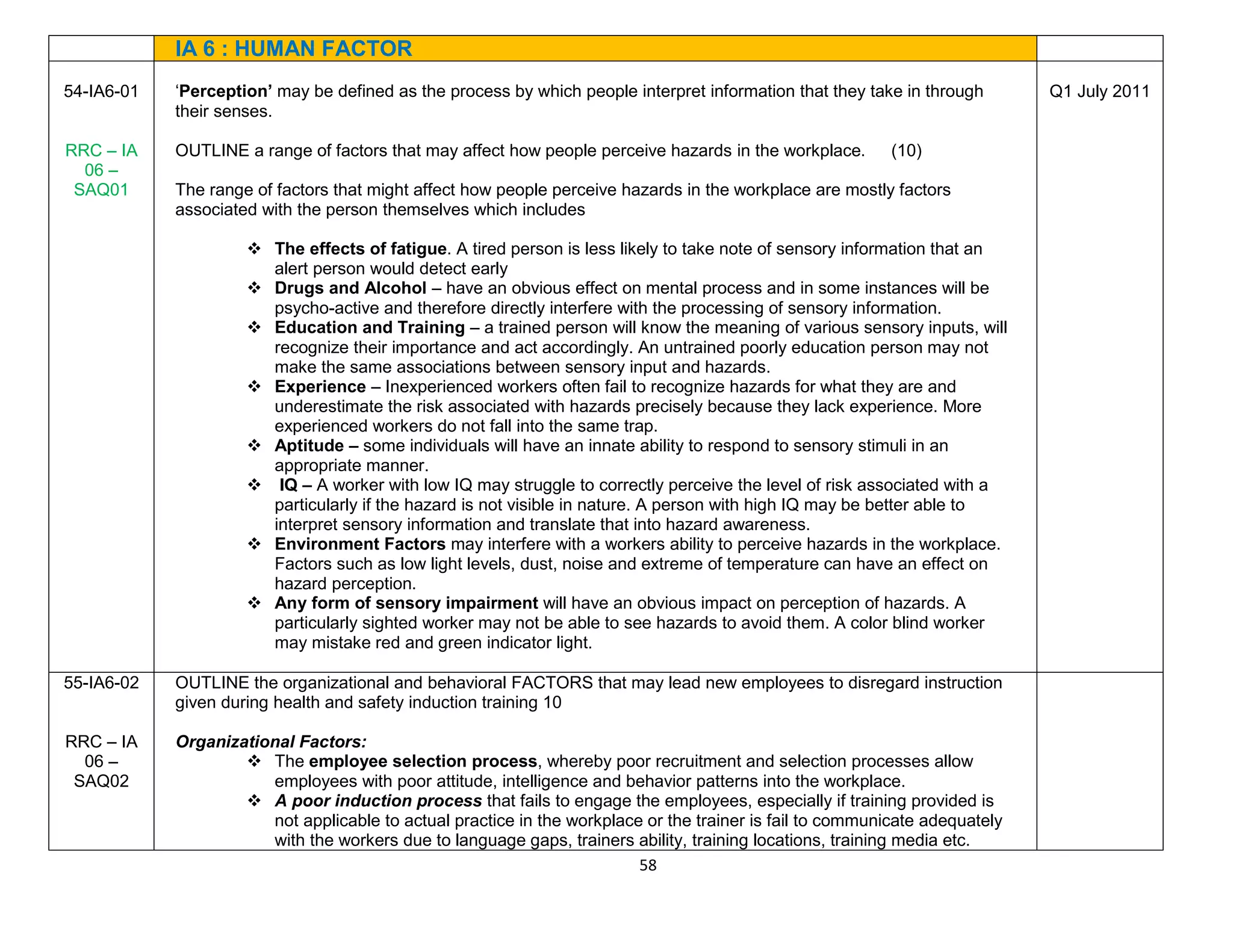 58
IA 6 : HUMAN FACTOR
54-IA6-01
RRC – IA
06 –
SAQ01
‘Perception’ may be defined as the process by which people interpret information that they take in through
their senses.
OUTLINE a range of factors that may affect how people perceive hazards in the workplace. (10)
The range of factors that might affect how people perceive hazards in the workplace are mostly factors
associated with the person themselves which includes
 The effects of fatigue. A tired person is less likely to take note of sensory information that an
alert person would detect early
 Drugs and Alcohol – have an obvious effect on mental process and in some instances will be
psycho-active and therefore directly interfere with the processing of sensory information.
 Education and Training – a trained person will know the meaning of various sensory inputs, will
recognize their importance and act accordingly. An untrained poorly education person may not
make the same associations between sensory input and hazards.
 Experience – Inexperienced workers often fail to recognize hazards for what they are and
underestimate the risk associated with hazards precisely because they lack experience. More
experienced workers do not fall into the same trap.
 Aptitude – some individuals will have an innate ability to respond to sensory stimuli in an
appropriate manner.
 IQ – A worker with low IQ may struggle to correctly perceive the level of risk associated with a
particularly if the hazard is not visible in nature. A person with high IQ may be better able to
interpret sensory information and translate that into hazard awareness.
 Environment Factors may interfere with a workers ability to perceive hazards in the workplace.
Factors such as low light levels, dust, noise and extreme of temperature can have an effect on
hazard perception.
 Any form of sensory impairment will have an obvious impact on perception of hazards. A
particularly sighted worker may not be able to see hazards to avoid them. A color blind worker
may mistake red and green indicator light.
Q1 July 2011
55-IA6-02
RRC – IA
06 –
SAQ02
OUTLINE the organizational and behavioral FACTORS that may lead new employees to disregard instruction
given during health and safety induction training 10
Organizational Factors:
 The employee selection process, whereby poor recruitment and selection processes allow
employees with poor attitude, intelligence and behavior patterns into the workplace.
 A poor induction process that fails to engage the employees, especially if training provided is
not applicable to actual practice in the workplace or the trainer is fail to communicate adequately
with the workers due to language gaps, trainers ability, training locations, training media etc.
 
