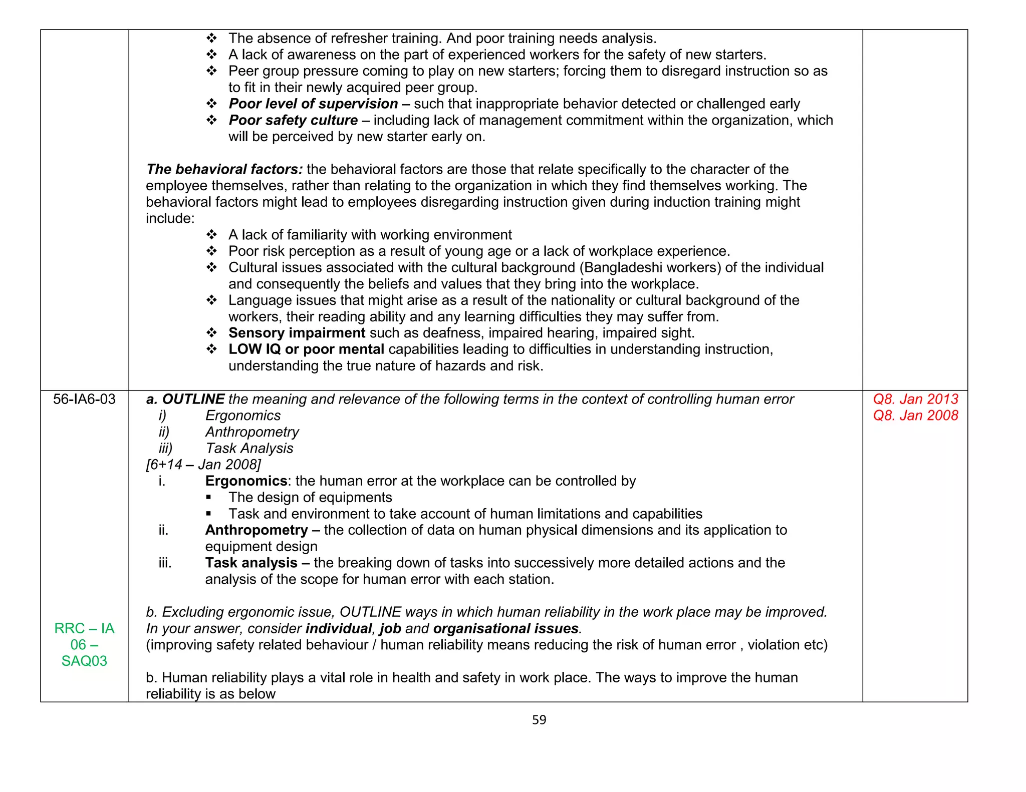 59
 The absence of refresher training. And poor training needs analysis.
 A lack of awareness on the part of experienced workers for the safety of new starters.
 Peer group pressure coming to play on new starters; forcing them to disregard instruction so as
to fit in their newly acquired peer group.
 Poor level of supervision – such that inappropriate behavior detected or challenged early
 Poor safety culture – including lack of management commitment within the organization, which
will be perceived by new starter early on.
The behavioral factors: the behavioral factors are those that relate specifically to the character of the
employee themselves, rather than relating to the organization in which they find themselves working. The
behavioral factors might lead to employees disregarding instruction given during induction training might
include:
 A lack of familiarity with working environment
 Poor risk perception as a result of young age or a lack of workplace experience.
 Cultural issues associated with the cultural background (Bangladeshi workers) of the individual
and consequently the beliefs and values that they bring into the workplace.
 Language issues that might arise as a result of the nationality or cultural background of the
workers, their reading ability and any learning difficulties they may suffer from.
 Sensory impairment such as deafness, impaired hearing, impaired sight.
 LOW IQ or poor mental capabilities leading to difficulties in understanding instruction,
understanding the true nature of hazards and risk.
56-IA6-03
RRC – IA
06 –
SAQ03
a. OUTLINE the meaning and relevance of the following terms in the context of controlling human error
i) Ergonomics
ii) Anthropometry
iii) Task Analysis
[6+14 – Jan 2008]
i. Ergonomics: the human error at the workplace can be controlled by
 The design of equipments
 Task and environment to take account of human limitations and capabilities
ii. Anthropometry – the collection of data on human physical dimensions and its application to
equipment design
iii. Task analysis – the breaking down of tasks into successively more detailed actions and the
analysis of the scope for human error with each station.
b. Excluding ergonomic issue, OUTLINE ways in which human reliability in the work place may be improved.
In your answer, consider individual, job and organisational issues.
(improving safety related behaviour / human reliability means reducing the risk of human error , violation etc)
b. Human reliability plays a vital role in health and safety in work place. The ways to improve the human
reliability is as below
Q8. Jan 2013
Q8. Jan 2008
 