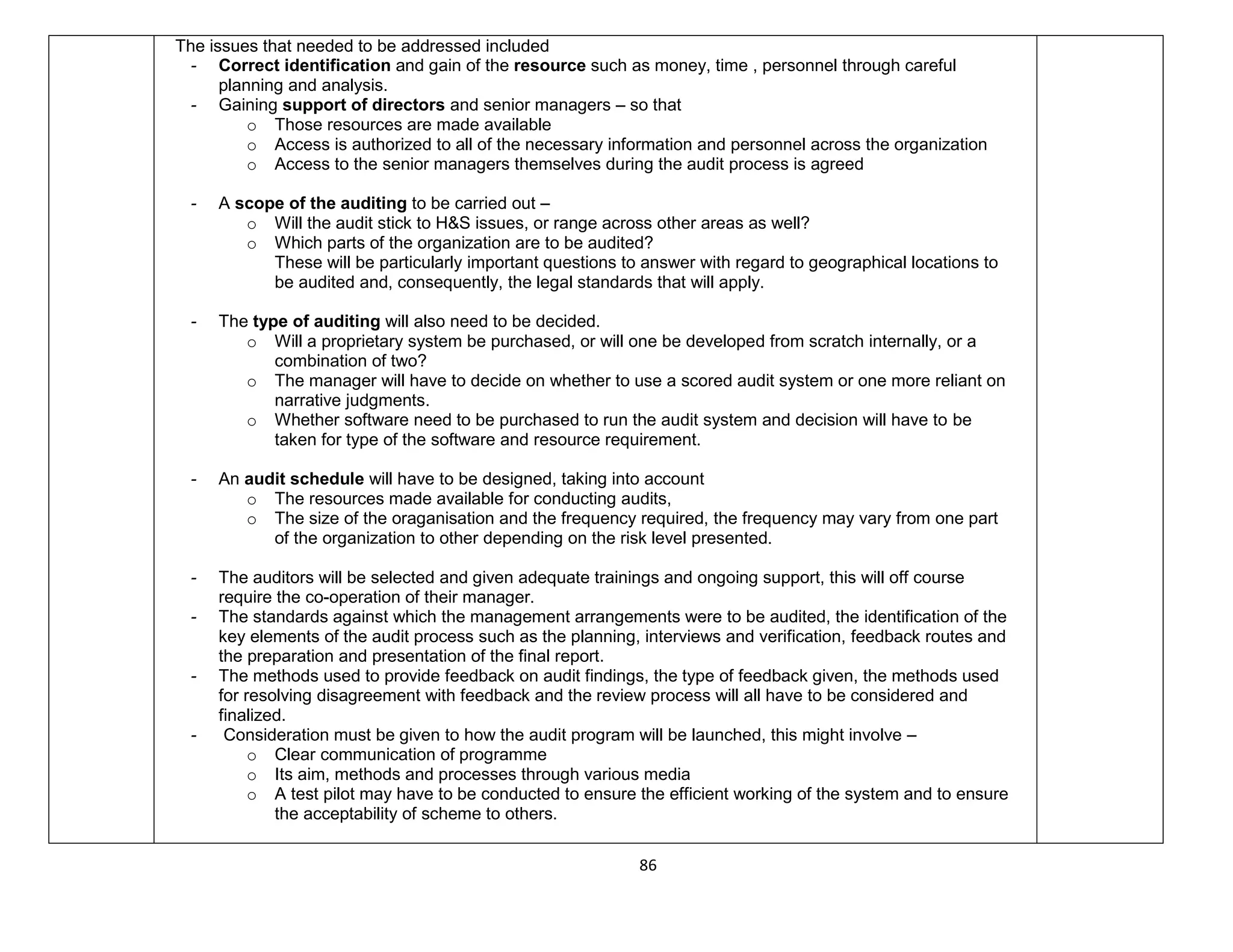 86
The issues that needed to be addressed included
- Correct identification and gain of the resource such as money, time , personnel through careful
planning and analysis.
- Gaining support of directors and senior managers – so that
o Those resources are made available
o Access is authorized to all of the necessary information and personnel across the organization
o Access to the senior managers themselves during the audit process is agreed
- A scope of the auditing to be carried out –
o Will the audit stick to H&S issues, or range across other areas as well?
o Which parts of the organization are to be audited?
These will be particularly important questions to answer with regard to geographical locations to
be audited and, consequently, the legal standards that will apply.
- The type of auditing will also need to be decided.
o Will a proprietary system be purchased, or will one be developed from scratch internally, or a
combination of two?
o The manager will have to decide on whether to use a scored audit system or one more reliant on
narrative judgments.
o Whether software need to be purchased to run the audit system and decision will have to be
taken for type of the software and resource requirement.
- An audit schedule will have to be designed, taking into account
o The resources made available for conducting audits,
o The size of the oraganisation and the frequency required, the frequency may vary from one part
of the organization to other depending on the risk level presented.
- The auditors will be selected and given adequate trainings and ongoing support, this will off course
require the co-operation of their manager.
- The standards against which the management arrangements were to be audited, the identification of the
key elements of the audit process such as the planning, interviews and verification, feedback routes and
the preparation and presentation of the final report.
- The methods used to provide feedback on audit findings, the type of feedback given, the methods used
for resolving disagreement with feedback and the review process will all have to be considered and
finalized.
- Consideration must be given to how the audit program will be launched, this might involve –
o Clear communication of programme
o Its aim, methods and processes through various media
o A test pilot may have to be conducted to ensure the efficient working of the system and to ensure
the acceptability of scheme to others.
 