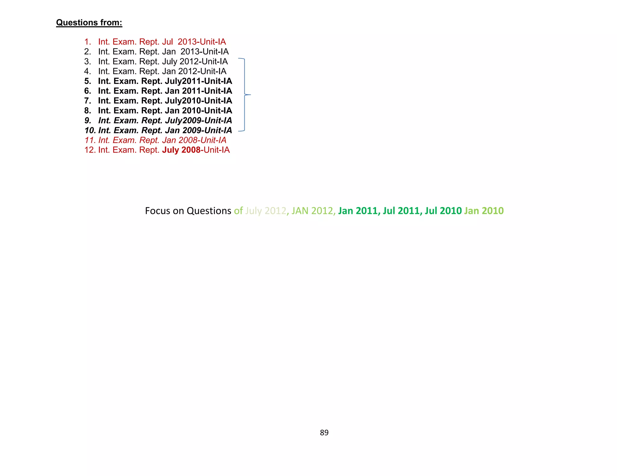 89
Questions from:
1. Int. Exam. Rept. Jul 2013-Unit-IA
2. Int. Exam. Rept. Jan 2013-Unit-IA
3. Int. Exam. Rept. July 2012-Unit-IA
4. Int. Exam. Rept. Jan 2012-Unit-IA
5. Int. Exam. Rept. July2011-Unit-IA
6. Int. Exam. Rept. Jan 2011-Unit-IA
7. Int. Exam. Rept. July2010-Unit-IA
8. Int. Exam. Rept. Jan 2010-Unit-IA
9. Int. Exam. Rept. July2009-Unit-IA
10. Int. Exam. Rept. Jan 2009-Unit-IA
11. Int. Exam. Rept. Jan 2008-Unit-IA
12. Int. Exam. Rept. July 2008-Unit-IA
Focus on Questions of July 2012, JAN 2012, Jan 2011, Jul 2011, Jul 2010 Jan 2010
 