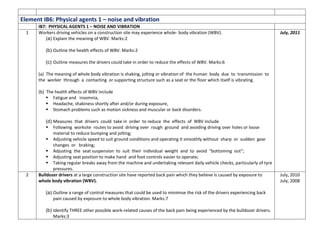Element IB6: Physical agents 1 – noise and vibration
IB7: PHYSICAL AGENTS 1 – NOISE AND VIBRATION
1 Workers driving vehicles on a construction site may experience whole- body vibration (WBV).
(a) Explain the meaning of WBV. Marks:2
(b) Outline the health effects of WBV. Marks:2
(c) Outline measures the drivers could take in order to reduce the effects of WBV. Marks:6
(a) The meaning of whole body vibration is shaking, jolting or vibration of the human body due to transmission to
the worker through a contacting or supporting structure such as a seat or the floor which itself is vibrating.
(b) The health effects of WBV include
 Fatigue and insomnia,
 Headache, shakiness shortly after and/or during exposure,
 Stomach problems such as motion sickness and muscular or back disorders.
(d) Measures that drivers could take in order to reduce the effects of WBV include
 Following worksite routes to avoid driving over rough ground and avoiding driving over holes or loose
material to reduce bumping and jolting;
 Adjusting vehicle speed to suit ground conditions and operating it smoothly without sharp or sudden gear
changes or braking;
 Adjusting the seat suspension to suit their individual weight and to avoid “bottoming out”;
 Adjusting seat position to make hand and foot controls easier to operate;
 Taking regular breaks away from the machine and undertaking relevant daily vehicle checks, particularly of tyre
pressures.
July, 2011
2 Bulldozer drivers at a large construction site have reported back pain which they believe is caused by exposure to
whole body vibration (WBV).
(a) Outline a range of control measures that could be used to minimise the risk of the drivers experiencing back
pain caused by exposure to whole body vibration. Marks:7
(b) Identify THREE other possible work-related causes of the back pain being experienced by the bulldozer drivers.
Marks:3
July, 2010
July, 2008
 