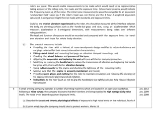 rider’s ear canal. This would enable measurements to be made which would need to be representative
taking account of the riding style, the roads and the exposure time. Octave band analysis would indicate
the frequency make up of the noise. The initial noise measurements would be converted to an equivalent
‘undisturbed field’ value (as if the rider’s head was not there) and the 8 hour A-weighted equivalent
calculated. A comparison might then be made with standards and exposure limits.
(ii)As for the level of vibration experienced by the rider, this should be measured at the interface between
the body and vibrating surfaces such as the handle bar grips and seat, using an accelerometer which
measures acceleration in 3 orthogonal dimensions, with measurements being taken over different
riding conditions.
The level and duration of exposure would be recorded and compared with the exposure limits for hand-
arm vibration and those for whole body vibration.
(c) The practical measures include
 Providing the rider with a helmet of more aerodynamic design modified to reduce turbulence and
ear plugs selected for their correct attenuation characteristics;
 Fitting a wind shield and mounting foot pegs on vibration damped mountings, and
 Checking the wheel balance and pressure of the tyres;
 Adjusting the suspension and replacing the seat with one with better damping properties;
 Modifying or replacing the handle bars to reduce the transmission of vibration and replacing the handle
bar grips with others with better vibration damping;
 Using rubber mounts for the engine and checking the tightness of the mounting bolts;
 Making sure that the engine is properly maintained and tuned;
 Providing warm gloves and clothing for the rider to maintain circulation and reducing the duration of
his exposure by route planning and job rotation.
 Instructions to the rider (such as not to grip the handlebars too tightly) will also help reduce vibration
transmission
6 A small printing company operates a number of printing machines which are located in an open-plan workshop.
Following a noise survey, the company discovers that their workers are being exposed to high average daily noise
levels. The noise levels exceed regulatory exposure limits.
(a) Describe the acute and chronic physiological effects of exposure to high noise levels on the individual. Marks:4
(b) Explain what steps the company should take to protect workers. Marks:16
Jan, 2012
Jan, 2009
Jan, 2008
 