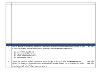 20 Describe, with the aid of diagrams, the features and principles of operation of sampling equipment that could be used
to collect the following airborne contaminants for subsequent quantitative analysis in a laboratory:
(a) total inhalable dust; Marks:5
(b) respirable particulate; Marks:5
(c) organic solvent vapour; Marks:5
(d) asbestos fibres. Marks:5
Jan, 2008
54 Personal dust monitoring has been carried out on five workers who all work in the same factory area where dust is
released. The five workers were sampled at the same time and for an equal duration. Four of the results were similar
but the fifth was significantly higher.
Outline the possible reasons for this difference. Marks:10
July, 2010
July, 2008
 