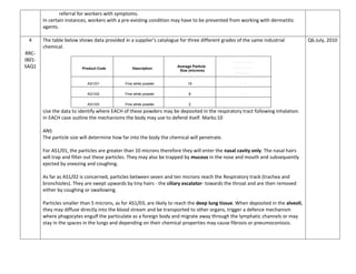 referral for workers with symptoms.
In certain instances, workers with a pre-existing condition may have to be prevented from working with dermatitic
agents.
4
RRC-
IB01-
SAQ1
The table below shows data provided in a supplier’s catalogue for three different grades of the same industrial
chemical.
Product Code Description
Average Particle
Size (microns)
Particle Size
Distribution
(Microns)
AS1/01 Fine white powder 15 12-20
AS1/02 Fine white powder 8 7-10
AS1/03 Fine white powder 2 1-5
Use the data to identify where EACH of these powders may be deposited in the respiratory tract following inhalation.
In EACH case outline the mechanisms the body may use to defend itself. Marks:10
ANS
The particle size will determine how far into the body the chemical will penetrate.
For AS1/01, the particles are greater than 10 microns therefore they will enter the nasal cavity only. The nasal hairs
will trap and filter out these particles. They may also be trapped by mucous in the nose and mouth and subsequently
ejected by sneezing and coughing.
As far as AS1/02 is concerned, particles between seven and ten microns reach the Respiratory track (trachea and
bronchioles). They are swept upwards by tiny hairs - the ciliary escalator- towards the throat and are then removed
either by coughing or swallowing.
Particles smaller than 5 microns, as for AS1/03, are likely to reach the deep lung tissue. When deposited in the alveoli,
they may diffuse directly into the blood stream and be transported to other organs, trigger a defence mechanism
where phagocytes engulf the particulate as a foreign body and migrate away through the lymphatic channels or may
stay in the spaces in the lungs and depending on their chemical properties may cause fibrosis or pneumoconiosis.
Q6.July, 2010
 