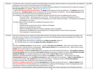 15
26-IC3-04 A conference center is planning to extend its existing building to incorporate childcare facilities on the ground floor and additional
conference rooms to hire out to local businesses on the upper floors.
OUTLINE the range of factors that would need to be reviewed following completion of the planned work to enable the company’s
fire risk assessment to be updated. Marks-20 DOHA Mall Fire case
…relate to The Planning and Construction phase: The design of the extension need to be addressed, - The material used for the
constructions, - Competent advise need to be obtained from the Fire Authority / civil defence, - And the means of access should
be remain clear from any obstructions and maintained at all the time.
On completion of the planned extension the additional risk factors would arises from the additional users such as:
- The small children, - Worried parents in case of fire, - The extra persons on premises attending the events in
conference areas, - The possibility that the delegates can be under influence of alcohol, - The allowance of smoking by
the delegate in such areas.
The above added risk factors would call for additional precautions such as
- Escape routes
- Procedures and conducting fire drills for children and delegates
- Extension to the existing alarm system
- Additional firefighting equipment, Emergency lightings, notices and signage
- Requirements of additional fire marshal experience in handling children in event of fire for evacuation
- Train employees in revised procedures
July 2007
27-IC3-06 During a Fire Drill Exercise at a large multi-storey office premises, the majority of the occupants evacuated the building in less
than three minutes. However, all of the people based in one area of the building failed to leave the building until a further four
minutes had elapsed. Fortune tower Fire incident
(a) OUTLINE factors that may have contributed to the delay in evacuation. Marks-15
(b) OUTLINE reasons for conducting regular fire drills in workplaces. Marks-5
a.
Fire Alarm: Fire Alarm too quit due to low volume; - number of fire alarm are insufficient; - Alarm may sound similar to other
alarming system creating confusion among people; - Alarm may be inactive due to maintenance work; - signal of alarm may be
weaken due to wall and doors or other obstruction.
Design of buildings: inadequate escape routes which are greater than recommended travel distance; - too complex to traverse ; -
too narrow slowing down the evacuation; less numbers of access comparing to strength of occupants; even blocked and locked;
inadequate lighting or no emergency lighting in the escape routes; incorrect signs showing emergency exits;
Deficiency in existing Evacuation procedure: FEP too difficult and complex to understand; - - the procedure may not be
communicated adequately; -no or insufficient instructions for staff mentioned in the procedure; - actions / responsibilities are
not well communicated; - fire marshal duties may not be well defined; - inadequate number of fire marshal deputed; -
insufficient training / drills conducted for the occupants of the building.
Execution / Compliance of Procedure: possible noncompliance of procedure during actual exercise ; - Delay in response to the
alarm by finishing work, finishing telephone call, by shutting of PC, gathering their belonging or may be investigating why alarm
sounded; No response at all Assuming the Alarm as FALSE alarm or a Drill.
Human factors: hearing disabilities; physical disabilities; general apathy; lack of will to participate; lack of familiarity with the
July 2010
 