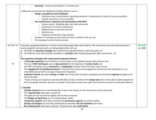 34
- Corrosion – stress concentrations in corrosion pits
c) Measures to minimize the likelihood of fatigue failures such as
- Design, manufacture and installation
o Minimize stress concentration; specifying materials / components to match the service condition
o Quality assurance; Correct assembly
- The maintenance, inspection and examination (with NDT)
o Failure record ; Reliability data; Non Destructive test
o Examination of critical components
o Replacements at planned intervals
o Maintenance
o Statutory examination requirements
- Provision of training and instruction for those involved in the use and
- The keeping of service history records.
52-IC 05 -12
“A”
Prevention of pipework failures is critical in preventing major leaks and incidents. The construction of a new chemical plant is
nearly complete and some parts are being prepared for start-up.
a) OUTLINE an inspection strategy that could prevent pipework failures within this plant 10
b) OUTLINE the items that could be included on a checklist when inspecting pipework after construction. 10
a.
The inspection strategies that could prevent pipework failures:
- A thorough inspection must be done on current basis, more detailed manner than previous one.
- The use of NDT techniques such as dye penetrate for the detection of surface faults and
- And NDT techniques such as ultrasonic or radiography to detect those that were more serious
- The engagement of qualified personnel to interpret the results and management should resist the temptation to use
unqualified personnel for any type of pipe work inspection.
- Inspection should take place during and after the construction has been completed and should be ongoing throughout the
life of the plant.
- Those carrying out inspections should preferably include a member from design team who will be able to detect departures
from the design intentions and also a member of the startup team who suffer most from the results of construction defects.
b. Checklist
- Suitable material such as specified grade of steel to be chosen for the construction of the pipe work.
- The required tests have been carried out
- The pipes are not secured too tightly and are free to expand
- The flanges on liquid lines are not located above cables
- Temporary supports have been removed and permanent supports correctly installed
- Springs and hangers are not fully compressed or extended; No sub standards joint exists
- No screwed joints have been used and ; All joints have been leak tested
JAN 2010
Jan 2008
 