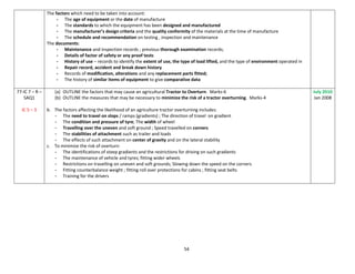 54
The factors which need to be taken into account:
- The age of equipment or the date of manufacture
- The standards to which the equipment has been designed and manufactured
- The manufacturer’s design criteria and the quality conformity of the materials at the time of manufacture
- The schedule and recommendation on testing , inspection and maintenance
The documents:
- Maintenance and inspection records ; previous thorough examination records;
- Details of factor of safety or any proof tests
- History of use – records to identify the extent of use, the type of load lifted, and the type of environment operated in
- Repair record, accident and break down history
- Records of modification, alterations and any replacement parts fitted;
- The history of similar items of equipment to give comparative data
77-IC 7 – R –
SAQ1
IC 5 – 3
(a) OUTLINE the factors that may cause an agricultural Tractor to Overturn. Marks-6
(b) OUTLINE the measures that may be necessary to minimize the risk of a tractor overturning. Marks-4
b. The factors affecting the likelihood of an agriculture tractor overturning includes:
- The need to travel on slops / ramps (gradients) ; The direction of travel on gradient
- The condition and pressure of tyre; The width of wheel
- Travelling over the uneven and soft ground ; Speed travelled on corners
- The stabilities of attachment such as trailer and loads
- The effects of such attachment on center of gravity and on the lateral stability
c. To minimize the risk of overturn:
- The identifications of steep gradients and the restrictions for driving on such gradients
- The maintenance of vehicle and tyres; fitting wider wheels
- Restrictions on travelling on uneven and soft grounds; Slowing down the speed on the corners
- Fitting counterbalance weight ; fitting roll over protections for cabins ; fitting seat belts
- Training for the drivers
July 2010
Jan 2008
 