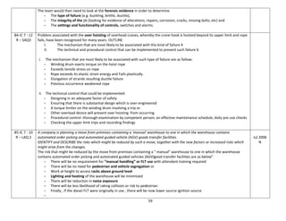 59
The team would then need to look at the forensic evidence in order to determine
- The type of failure (e.g. buckling, brittle, ductile),
- The integrity of the jib (looking for evidence of alterations, repairs, corrosion, cracks, missing bolts, etc) and
- The settings and functionality of controls, switches and alarms.
84-IC 7 - 12
R – SAQ3
Problem associated with the over hoisting of overhead cranes, whereby the crane hook is hoisted beyond its upper limit and rope
fails, have been recognized for many years. OUTLINE
I. The mechanism that are most likely to be associated with this kind of failure 4
II. The technical and procedural control that can be implemented to prevent such failure 6
i. The mechanism that are most likely to be associated with such type of failure are as follow:
- Winding drum exerts torque on the hoist rope
- Exceeds tensile stress on rope
- Rope exceeds its elastic strain energy and Fails plastically.
- Elongation of strands resulting ductile failure
- Previous occurrence weakened rope
ii. The technical control that could be implemented:
- Designing in an adequate factor of safety
- Ensuring that there is substantial design which is over-engineered
- A torque limiter on the winding drum involving a trip or
- Other overload device will prevent over hoisting from occurring
- Procedural control: thorough examination by competent person; an effective maintenance schedule; daily pre-use checks
- Checking the upper limit trips and recording findings
85-IC 7 - 10
R – LAQ 2
A company is planning a move from premises containing a 'manual' warehouse to one in which the warehouse contains
automated order picking and automated guided vehicle (AGV) goods transfer facilities.
IDENTIFY and DESCRIBE the risks which might be reduced by such a move, together with the new factors or increased risks which
might arise from the changes.
The risk that might be reduced by the move from premises containing a “ manual” warehouse to one in which the warehouse
contains automated order picking and automated guided vehicles (AGV)good transfer facilities are as below”
- There will be no requirement for “manual handling” or FLT use with attendant training required
- There will be no need for pedestrian and vehicle segregation or
- Work at height to access racks above ground level
- Lighting and heating of the warehouse will be minimized
- There will be reduction in noise exposure
- There will be less likelihood of raking collision or risk to pedestrian
- Finally , if the diesel FLT were originally in use , there will be now lower source ignition source
-
Jul 2006
N
 