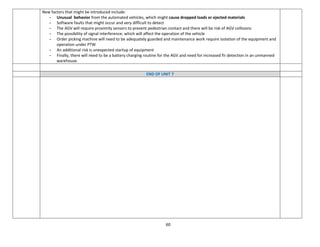 60
New factors that might be introduced include:
- Unusual behavior from the automated vehicles, which might cause dropped loads or ejected materials
- Software faults that might occur and very difficult to detect
- The AGV will require proximity sensors to prevent pedestrian contact and there will be risk of AGV collisions
- The possibility of signal interference; which will affect the operation of the vehicle
- Order picking machine will need to be adequately guarded and maintenance work require isolation of the equipment and
operation under PTW
- An additional risk is unexpected startup of equipment
- Finally, there will need to be a battery charging routine for the AGV and need for increased fir detection in an unmanned
warehouse.
END OF UNIT 7
 