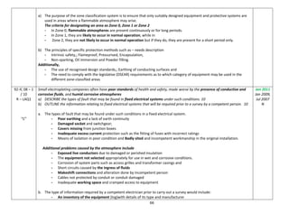 66
a) The purpose of the zone classification system is to ensure that only suitably designed equipment and protective systems are
used in areas where a flammable atmosphere may arise.
The criteria for designating an area as Zone 0, Zone 1 or Zone 2
- In Zone 0, flammable atmospheres are present continuously or for long periods.
- In Zone 1, they are likely to occur in normal operation, while in
- Zone 2, they are not likely to occur in normal operation but if they do, they are present for a short period only.
b) The principles of specific protection methods such as – needs description
- Intrinsic safety,; Flameproof, Pressurised, Encapsulation,
- Non-sparking, Oil immersion and Powder filling.
Additionally,
- The use of recognised design standards,; Earthing of conducting surfaces and
- The need to comply with the legislative (DSEAR) requirements as to which category of equipment may be used in the
different zone-classified areas
92-IC 08 – 1
/ 10
R – LAQ1
“C”
Small electroplating companies often have poor standards of health and safety, made worse by the presence of conductive and
corrosive fluids, and humid corrosive atmospheres
a) DESCRIBE the types of fault that may be found in fixed electrical systems under such conditions. 10
b) OUTLINE the information relating to fixed electrical systems that will be required prior to a survey by a competent person. 10
a. The types of fault that may be found under such conditions in a fixed electrical system.
- Poor earthing and a lack of earth continuity
- Damaged socket and switchgear;
- Covers missing from junction boxes
- Inadequate excess current protection such as the fitting of fuses with incorrect ratings
- Means of isolation in poor condition and Badly sited and incompetent workmanship in the original installation.
Additional problems caused by the atmosphere include
- Exposed live conductors due to damaged or perished insulation
- The equipment not selected appropriately for use in wet and corrosive conditions.
- Corrosion of system parts such as access grilles and transformer casings and
- Short circuits caused by the ingress of fluids
- Makeshift connections and alteration done by incompetent person
- Cables not protected by conduit or conduit damaged
- Inadequate working space and cramped access to equipment
b. The type of information required by a competent electrician prior to carry out a survey would include:
- An inventory of the equipment (log)with details of its type and manufacturer
Jan 2011
Jan 2009,
Jul 2007
N
 