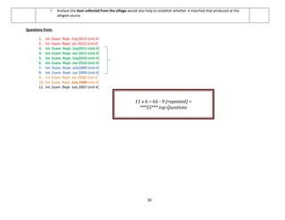 82
• Analyze the dust collected from the village would also help to establish whether it matched that produced at the
alleged source.
Questions from:
1. Int. Exam. Rept. July 2012-Unit-IC
2. Int. Exam. Rept. Jan 2012-Unit-IC
3. Int. Exam. Rept. July2011-Unit-IC
4. Int. Exam. Rept. Jan 2011-Unit-IC
5. Int. Exam. Rept. July2010-Unit-IC
6. Int. Exam. Rept. Jan 2010-Unit-IC
7. Int. Exam. Rept. July2009-Unit-IC
8. Int. Exam. Rept. Jan 2009-Unit-IC
9. Int. Exam. Rept. Jan 2008-Unit-IC
10. Int. Exam. Rept. July 2008-Unit-IC
11. Int. Exam. Rept. July 2007-Unit-IC
11 x 6 = 66 - 9 (repeated) =
***55*** top Questions
 