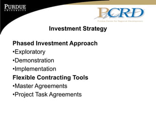 Investment Strategy

Phased Investment Approach
•Exploratory
•Demonstration
•Implementation
Flexible Contracting Tools
•Master Agreements
•Project Task Agreements
 